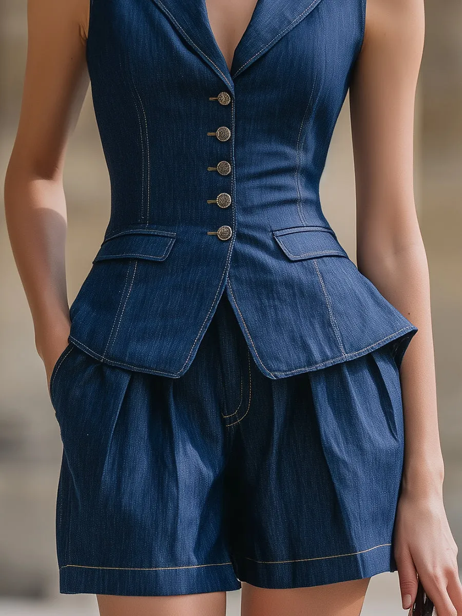Retro Denim Peplum Waistcoat & Pleated Shorts Two-Piece Set sold by Mooyius product image thumbnail 3