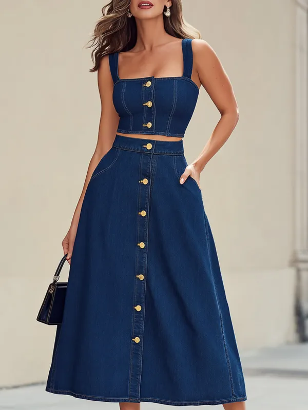 Retro Indigo Denim Bustier Crop Top & Maxi Skirt Two-Piece Set made by Something Navy