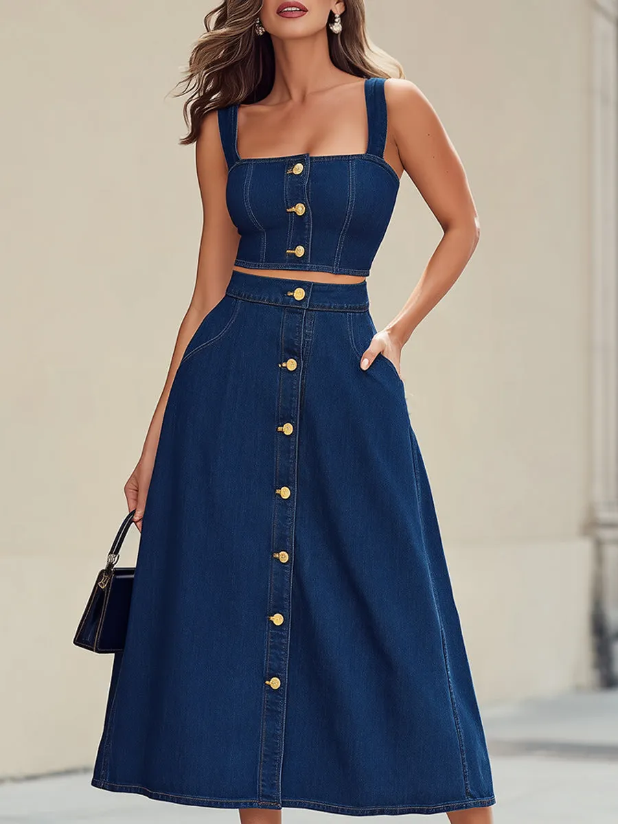 Retro Indigo Denim Bustier Crop Top & Maxi Skirt Two-Piece Set sold by Mooyius