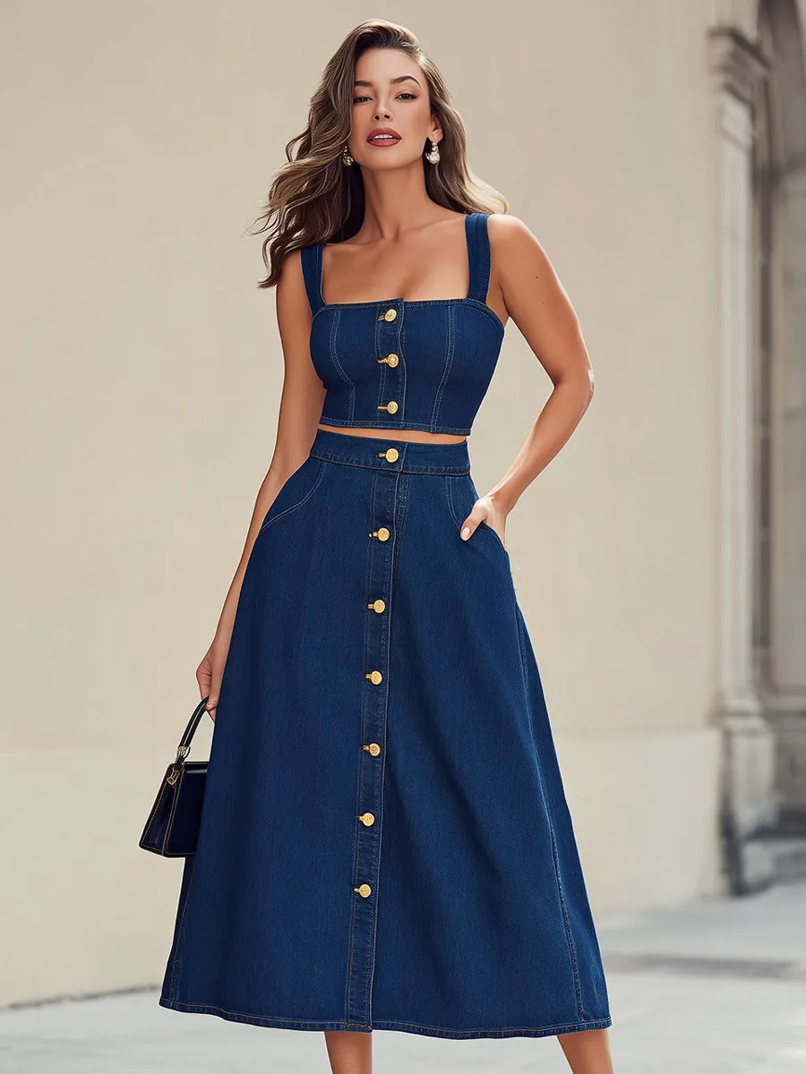 Retro Indigo Denim Bustier Crop Top & Maxi Skirt Two-Piece Set sold by Mooyius product image thumbnail 2