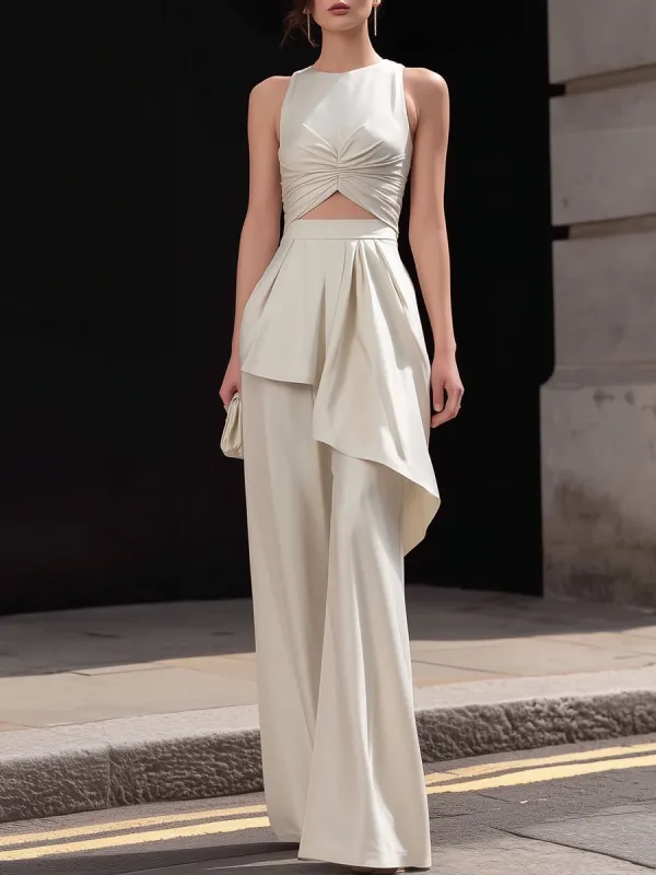 Ruched Cutout Asymmetric Wide-Leg Jumpsuit made by Mooyius