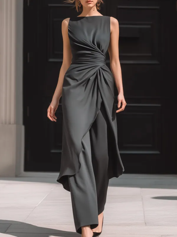 Ruched Asymmetric Top & Wide-Leg Trouser Tailored Two-Piece Set sold by Mooyius