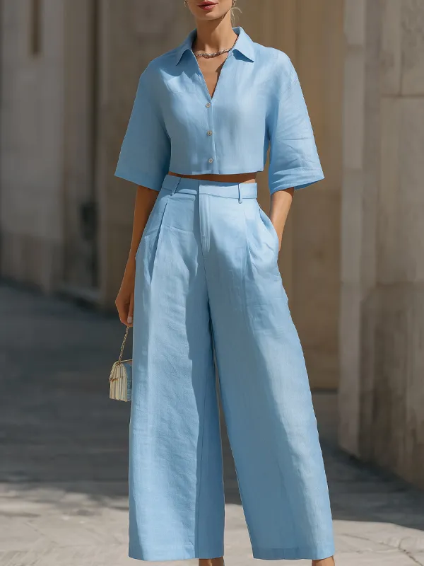 Sky Blue Linen Cropped Shirt & Wide-Leg Trouser Two-Piece Set made by Something Navy