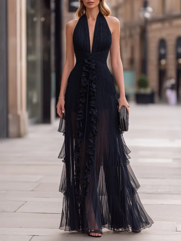 Halter Neck Ruffled Pleated Maxi Dress made by Mooyius