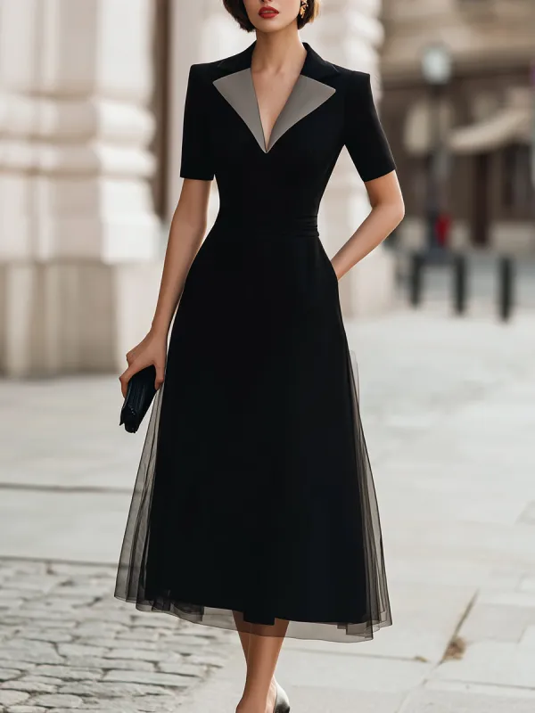 Silver-Trimmed Lapel Midi Dress made by Mooyius
