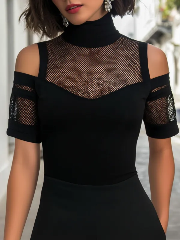 Mesh Panel Mock-Neck Cutout Short Sleeve Top made by Mooyius