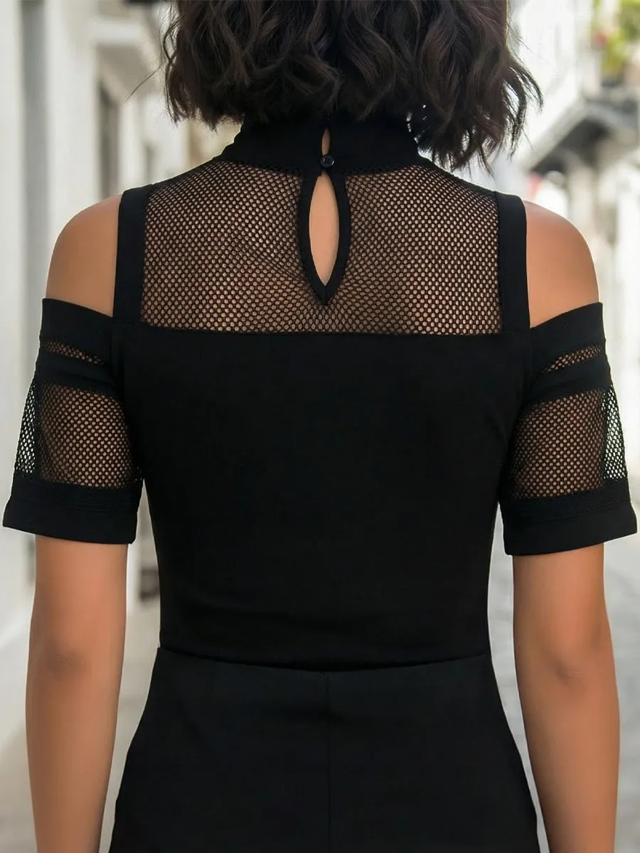 Mesh Panel Mock-Neck Cutout Short Sleeve Top sold by Mooyius product image thumbnail 4