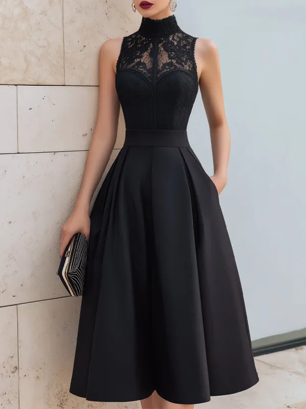 High-Neck Lace Bodice A-Line Midi Dress made by Mooyius