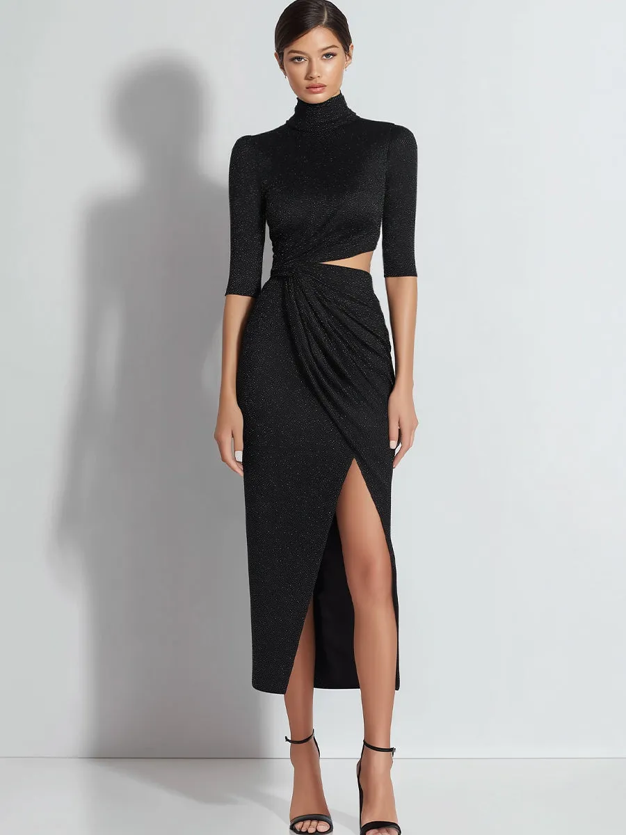 High Neckline Asymmetric Shimmer Knit Midi Dress sold by Mooyius product image thumbnail 2