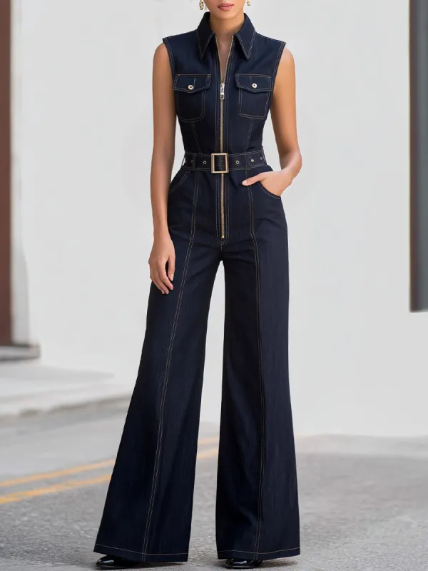Belted Zip-Front Sleeveless Denim Jumpsuit made by Mooyius