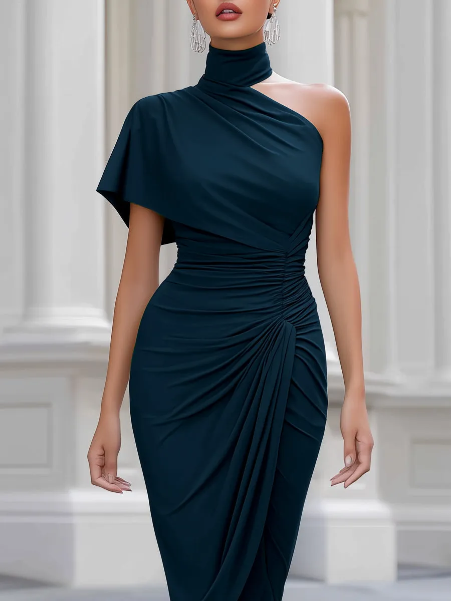 One-Shoulder Ruched Waist Draped Midi Dress sold by Mooyius product image thumbnail 2