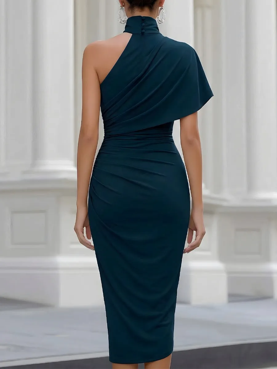 One-Shoulder Ruched Waist Draped Midi Dress sold by Mooyius product image thumbnail 4