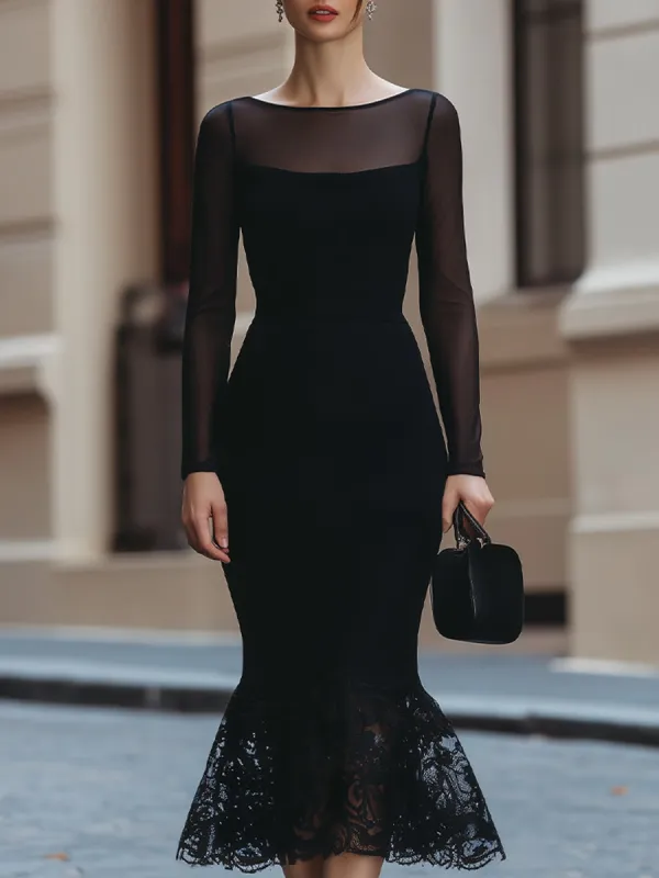 Elegant Black Mesh Sleeve Lace Mermaid Midi Dress made by Something Navy