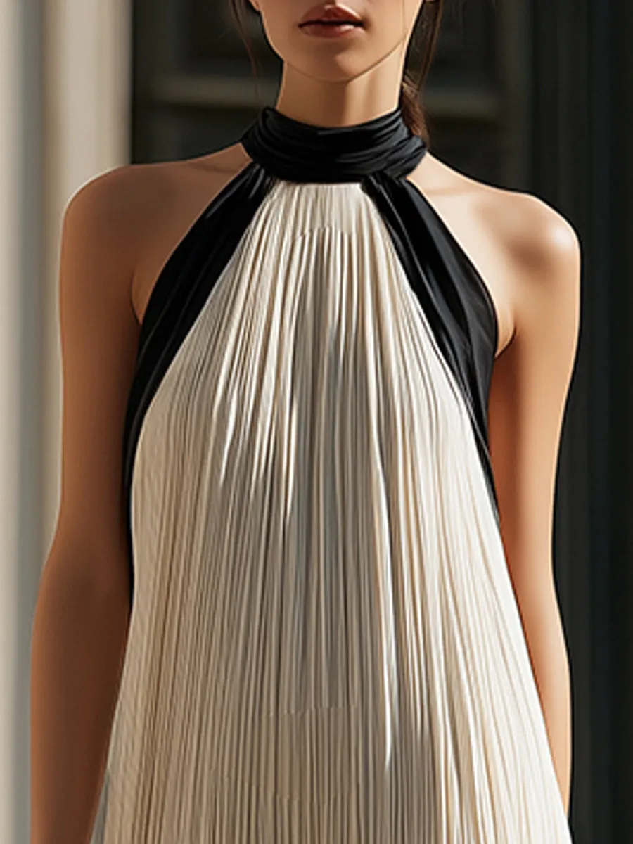 Ethereal Goddess Pleated Halter Maxi Dress – Contrast Neckline sold by Mooyius product image thumbnail 3