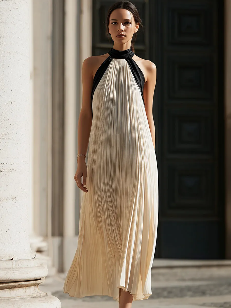 Ethereal Goddess Pleated Halter Maxi Dress – Contrast Neckline sold by Mooyius product image thumbnail 2