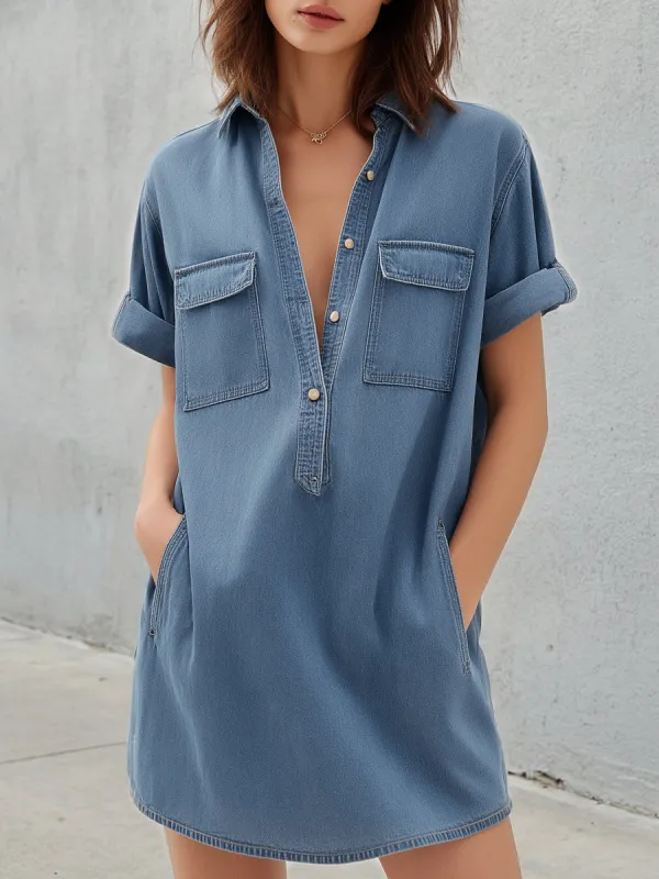 Relaxed Short-Sleeves Denim Shirt Dress made by Mooyius