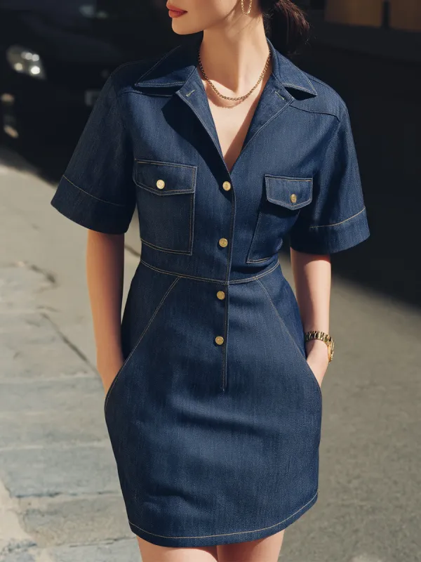 Short Sleeves Button-Front Tailored Denim Dress made by Mooyius
