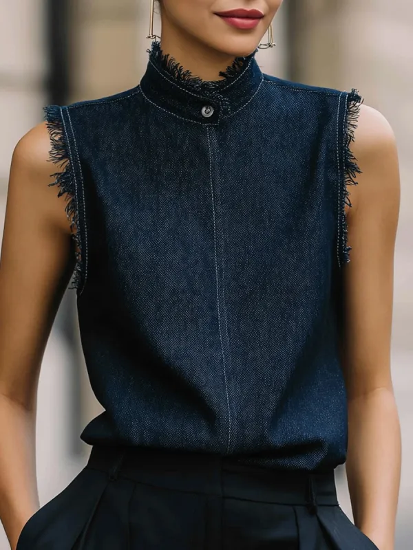 Sleeveless Fringe-Trim Denim Top made by Mooyius
