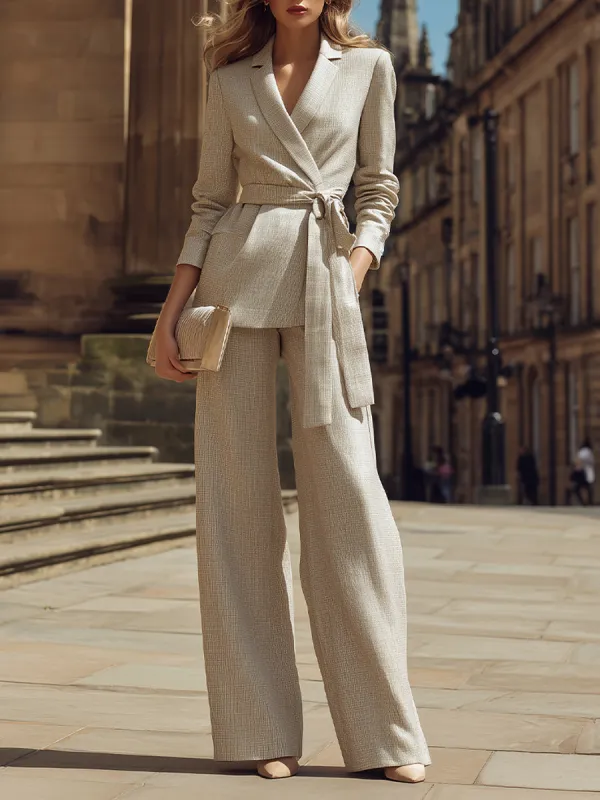 Tailored Belted Blazer And Wide-Leg Pants Set made by Mooyius