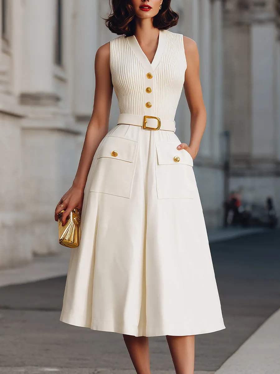 Sleeveless Buttoned V-Neck Belted Midi Dress sold by Mooyius