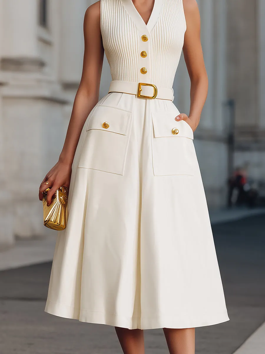 Sleeveless Buttoned V-Neck Belted Midi Dress sold by Mooyius product image thumbnail 4