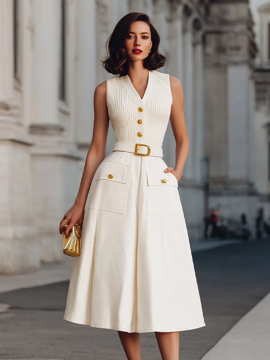 Sleeveless Buttoned V-Neck Belted Midi Dress sold by Mooyius product image thumbnail 2
