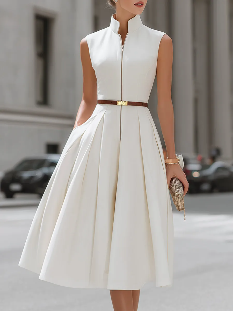 Sleeveless Zip-Front High-Neck Midi Dress sold by Mooyius