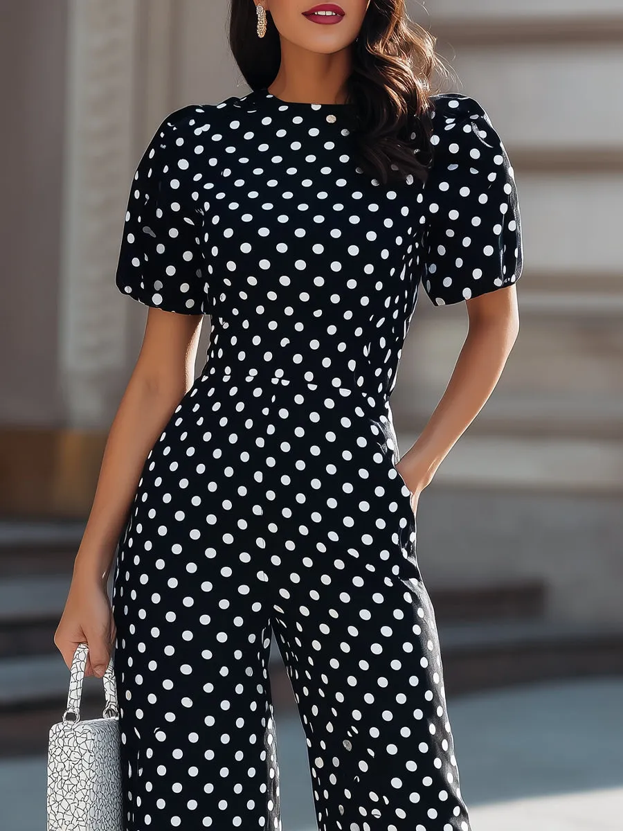 Black Polka Dot Puff-Sleeve Wide-Leg Jumpsuit sold by Mooyius product image thumbnail 2