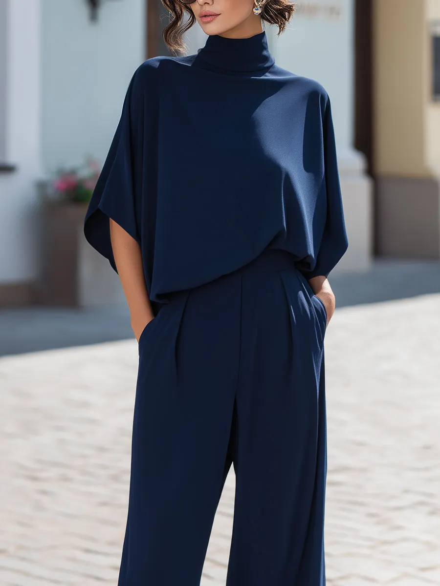 Minimalist High-Neck Draped Blouse & Wide-Leg Trouser Set sold by Mooyius product image thumbnail 3