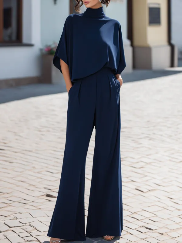 Minimalist High-Neck Draped Blouse & Wide-Leg Trouser Set made by Mooyius