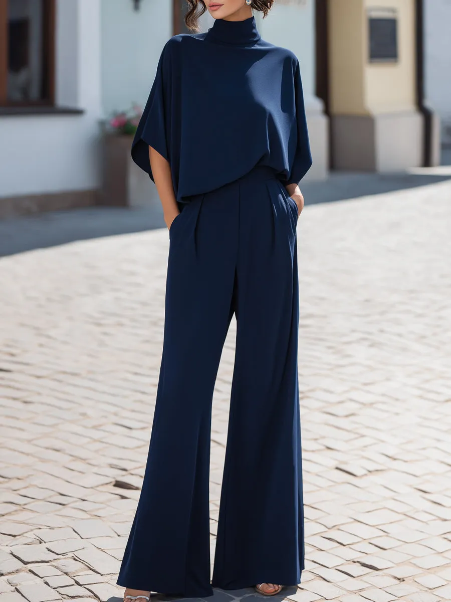Minimalist High-Neck Draped Blouse & Wide-Leg Trouser Set sold by Mooyius