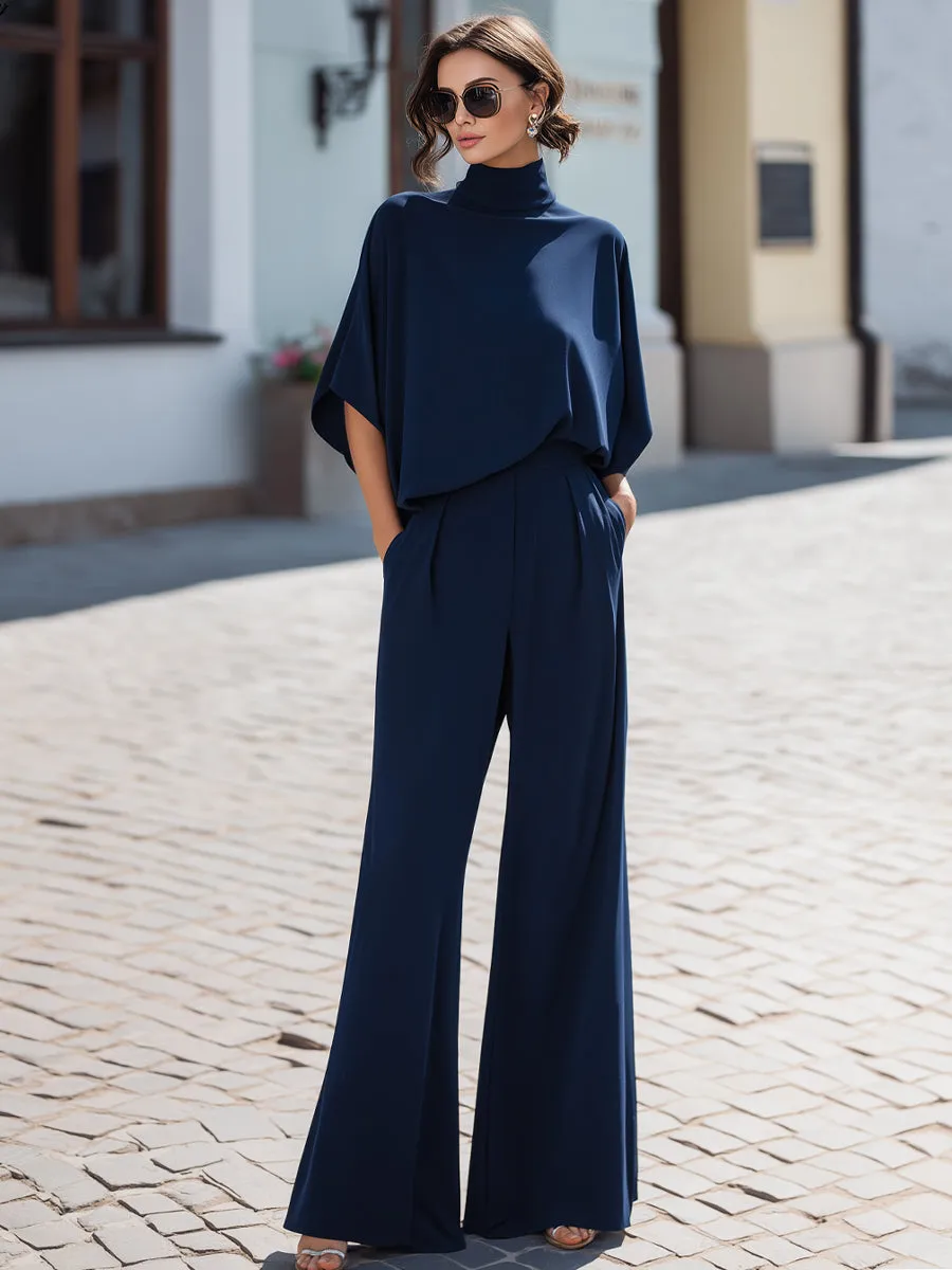 Minimalist High-Neck Draped Blouse & Wide-Leg Trouser Set sold by Mooyius product image thumbnail 2