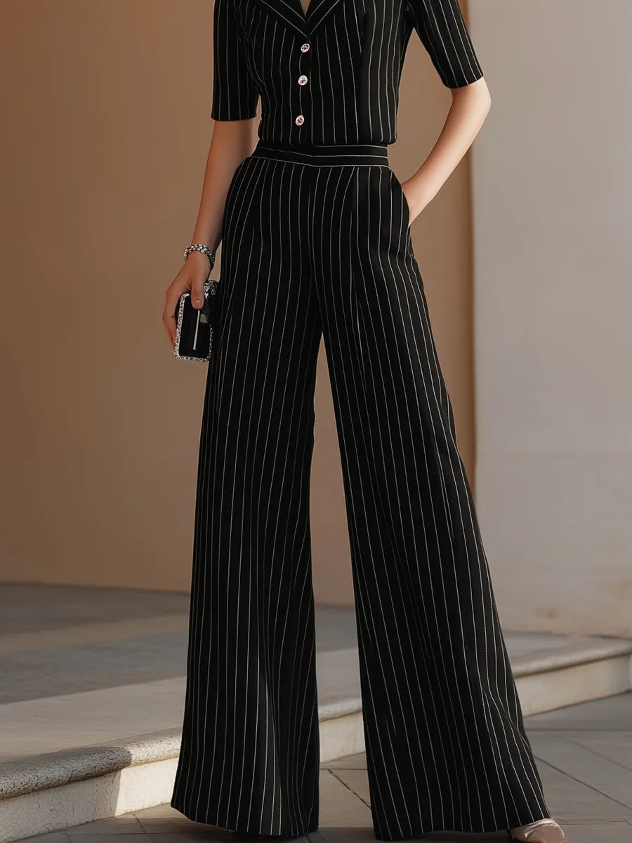Pinstripe Tailored Button-Front Top & Wide-Leg Trouser Set sold by Mooyius product image thumbnail 3