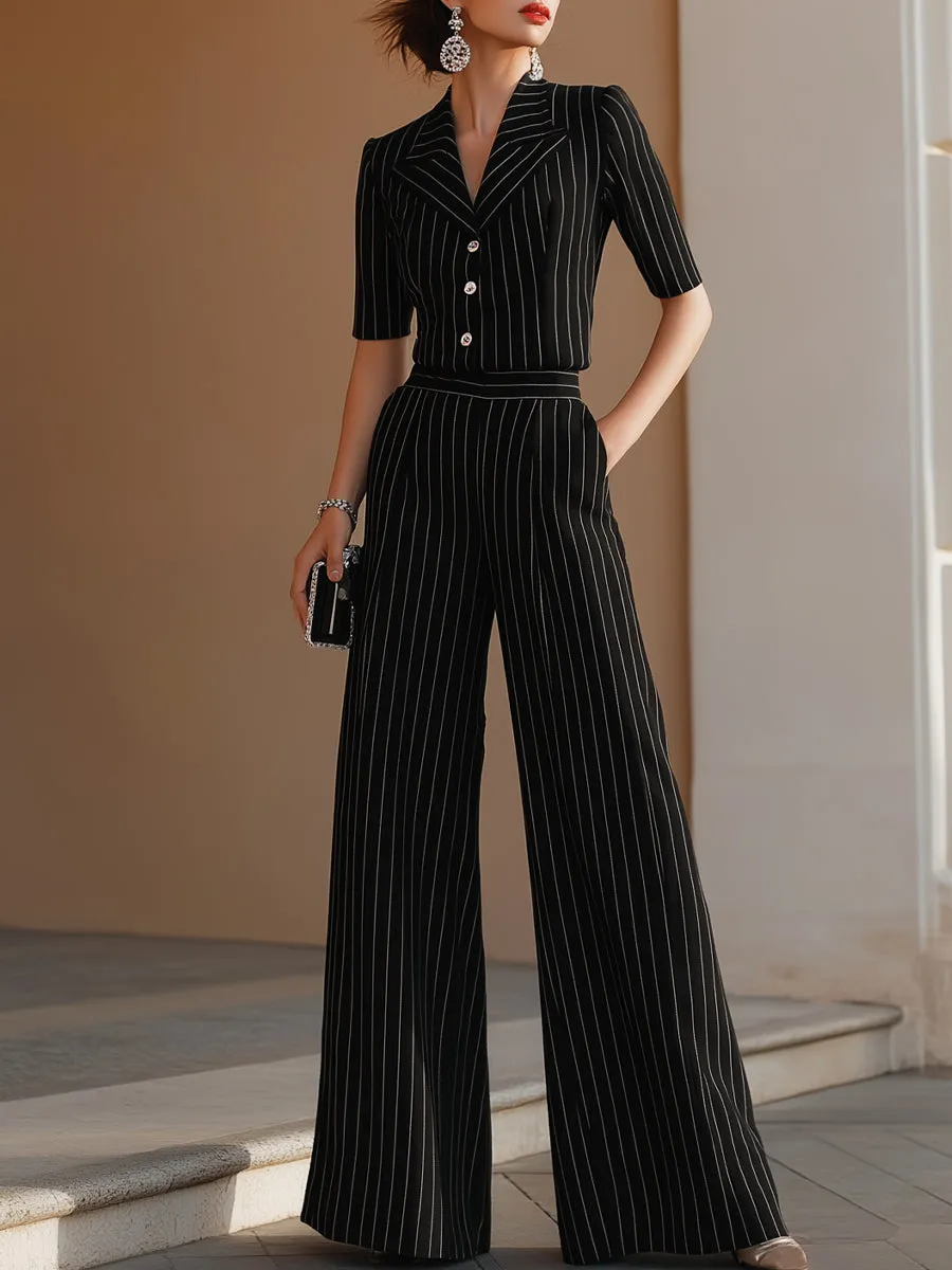 Pinstripe Tailored Button-Front Top & Wide-Leg Trouser Set sold by Mooyius