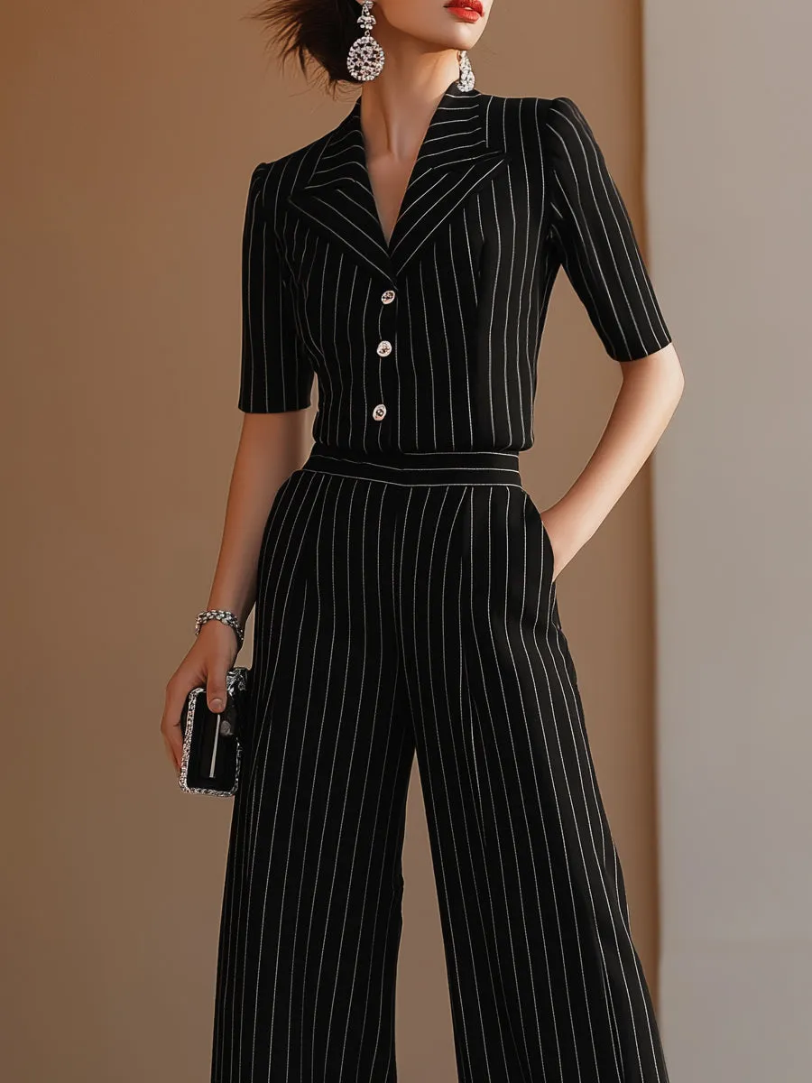 Pinstripe Tailored Button-Front Top & Wide-Leg Trouser Set sold by Mooyius product image thumbnail 2