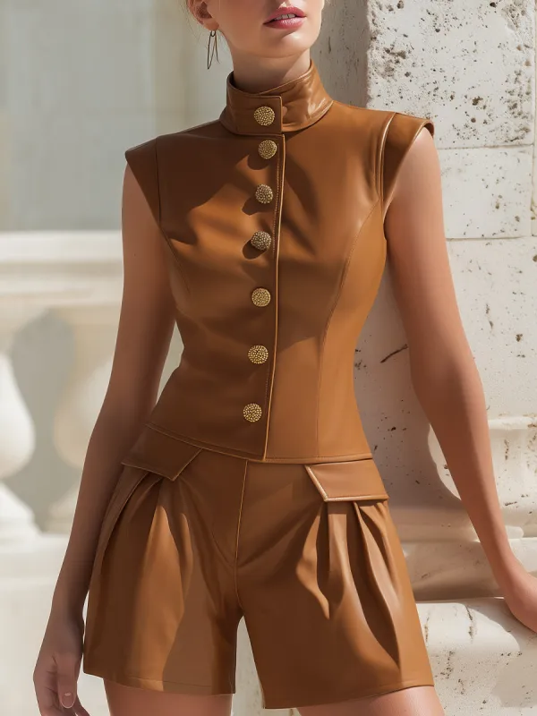 Structured Faux Leather Gold-Button Sleeveless Romper made by Mooyius