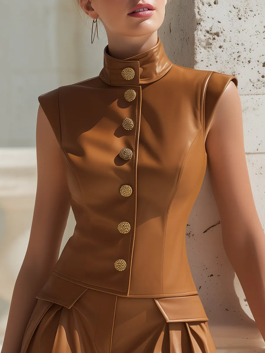 Structured Faux Leather Gold-Button Sleeveless Romper sold by Mooyius product image thumbnail 2