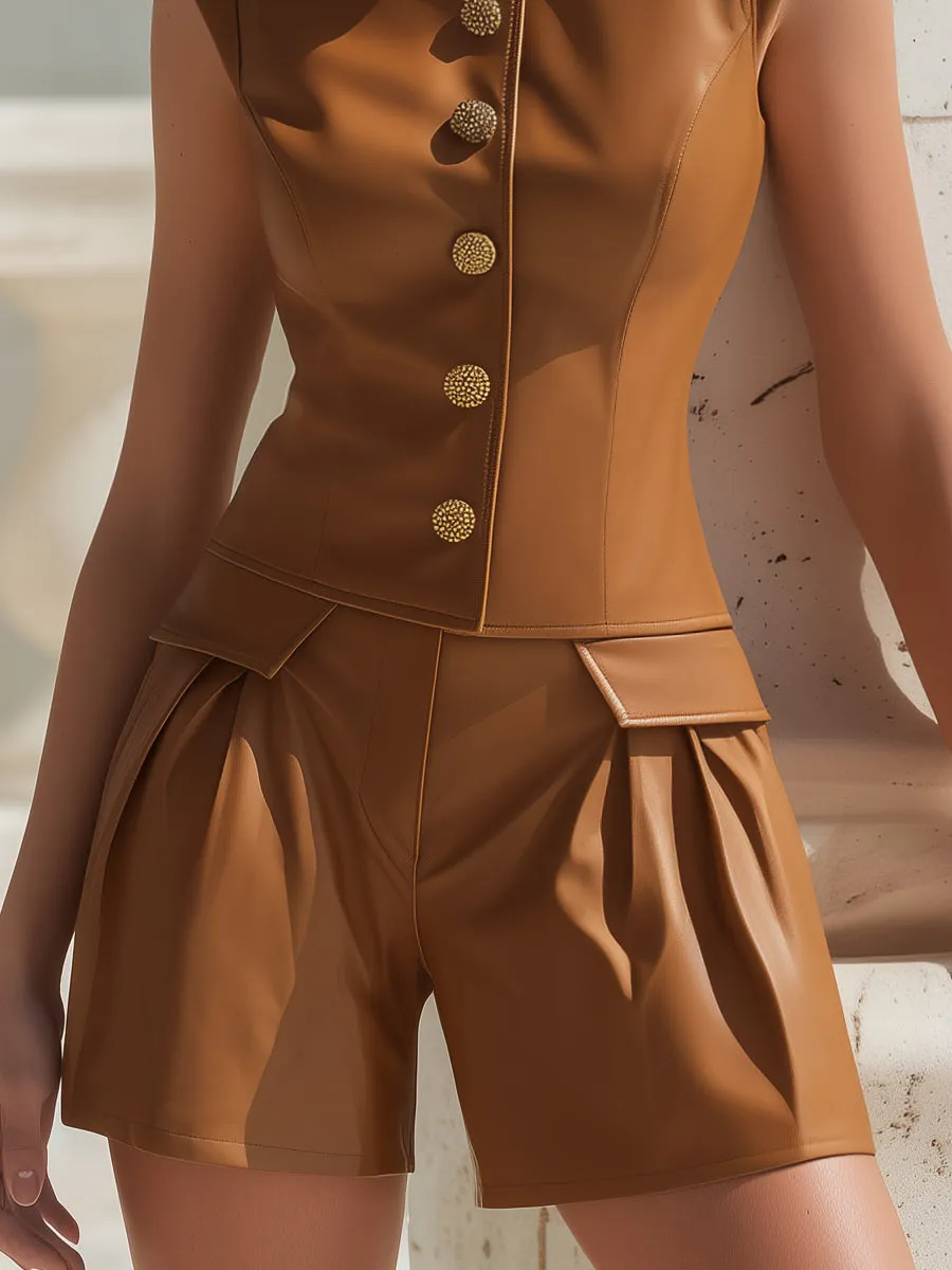 Structured Faux Leather Gold-Button Sleeveless Romper sold by Mooyius product image thumbnail 3
