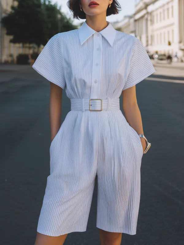 Pinstriped Belted Shirt-Collar Tailored Jumpsuit made by Mooyius