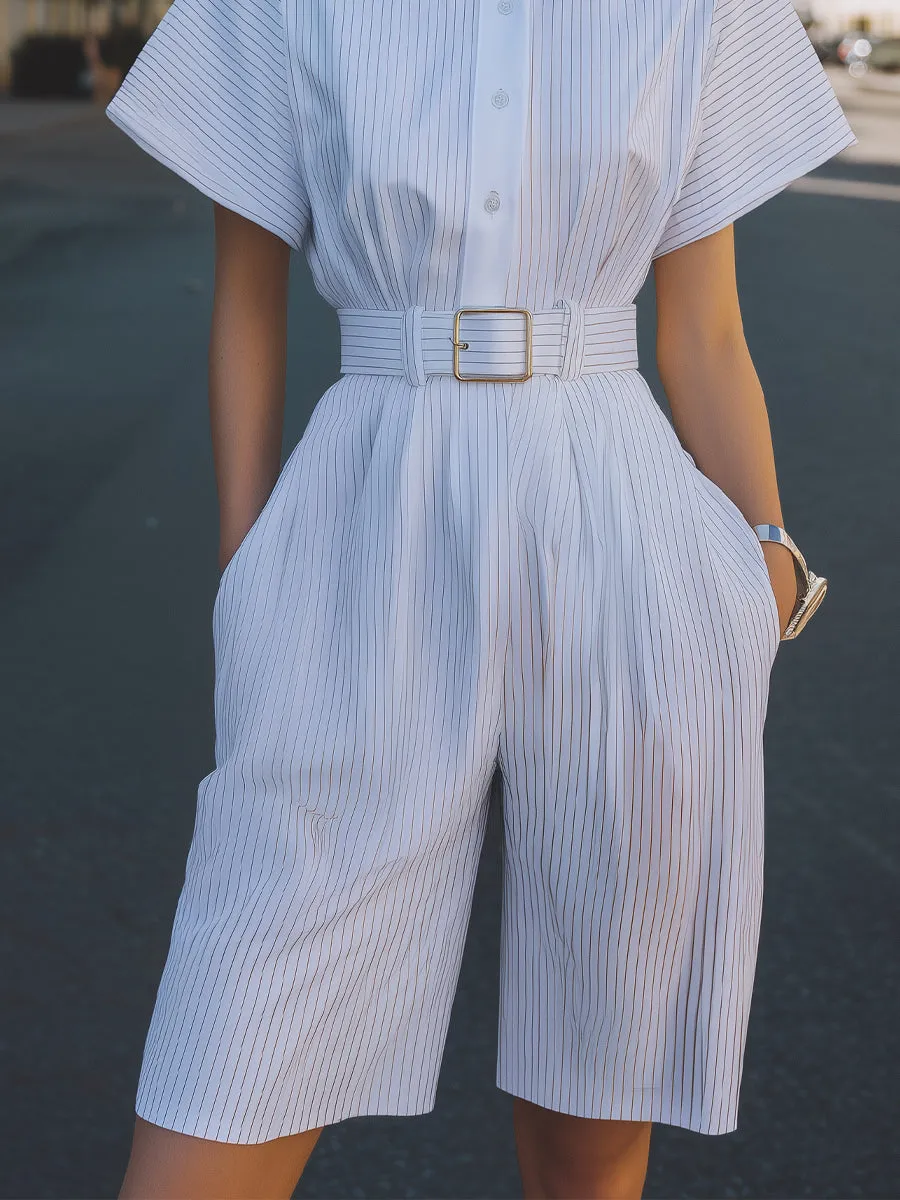 Pinstriped Belted Shirt-Collar Tailored Jumpsuit sold by Mooyius product image thumbnail 3