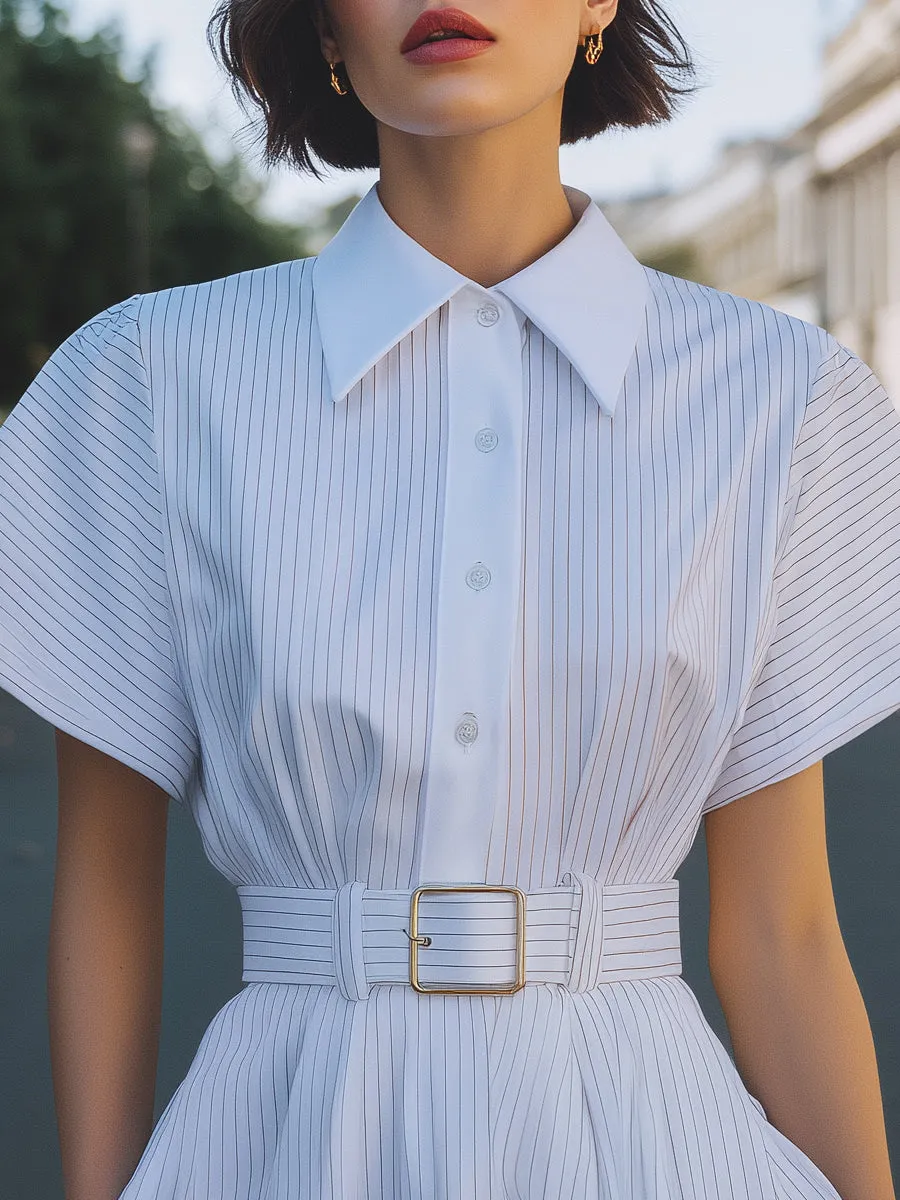 Pinstriped Belted Shirt-Collar Tailored Jumpsuit sold by Mooyius product image thumbnail 2