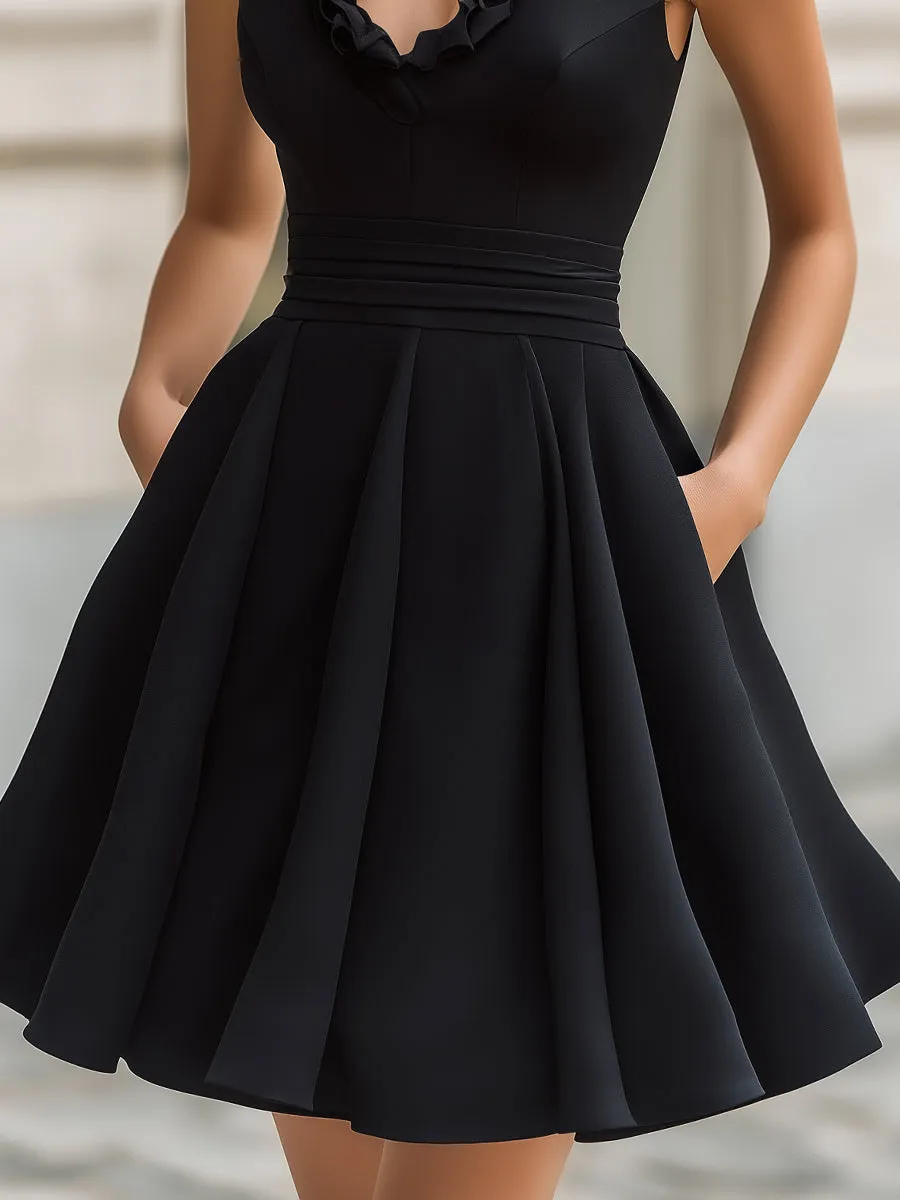 Ruffled V-Neck Sleeveless Fit-and-Flare Mini Dress sold by Mooyius product image thumbnail 3
