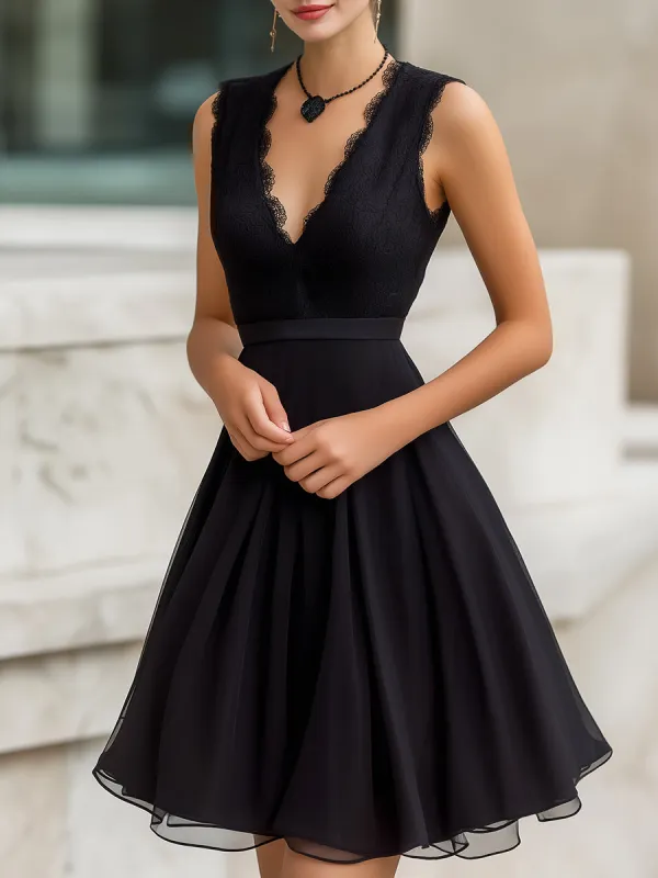 Scalloped Lace V-Neck Sleeveless Fit-and-Flare Mini Dress sold by Mooyius