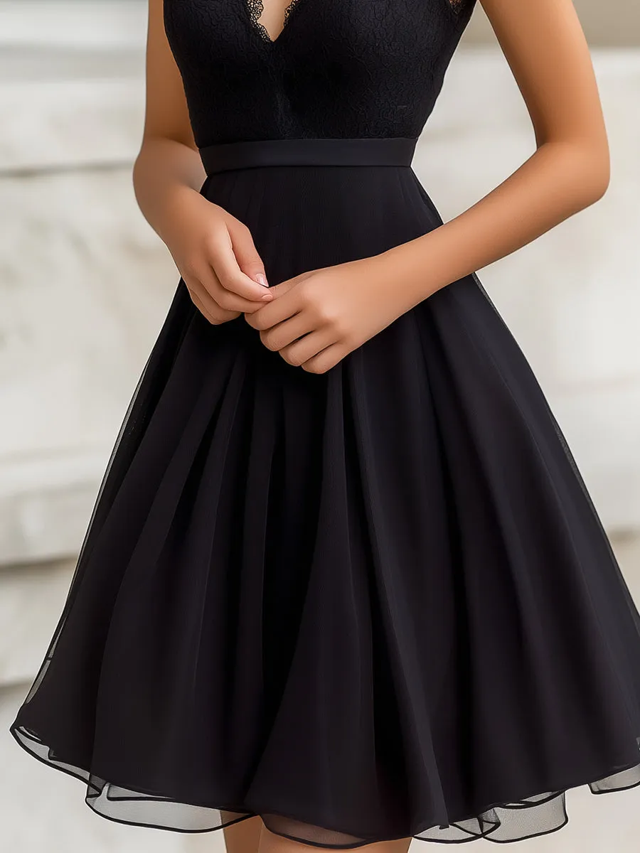 Scalloped Lace V-Neck Sleeveless Fit-and-Flare Mini Dress sold by Mooyius product image thumbnail 3