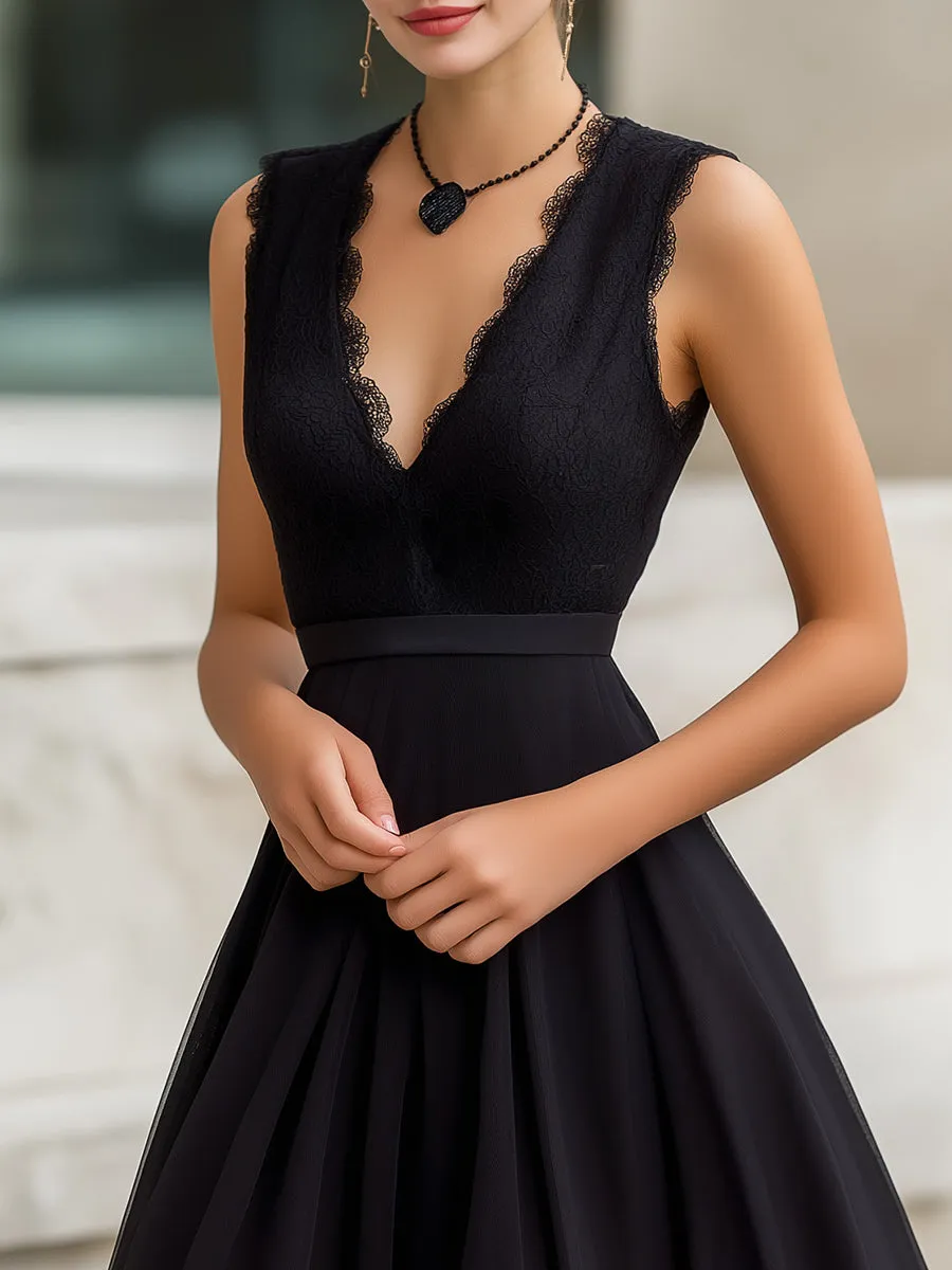 Scalloped Lace V-Neck Sleeveless Fit-and-Flare Mini Dress sold by Mooyius product image thumbnail 2