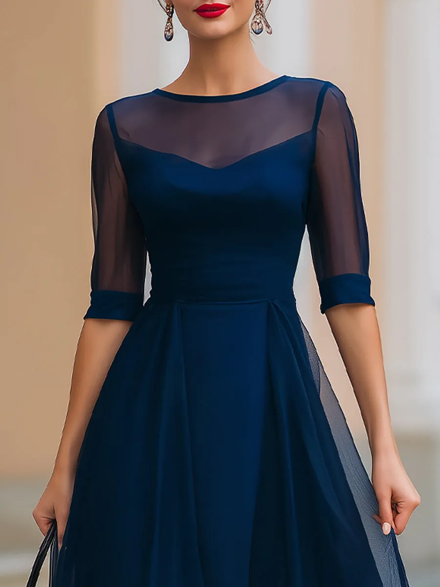 Navy Blue Sheer Overlay Fit-and-Flare Midi Dress sold by Mooyius product image thumbnail 2
