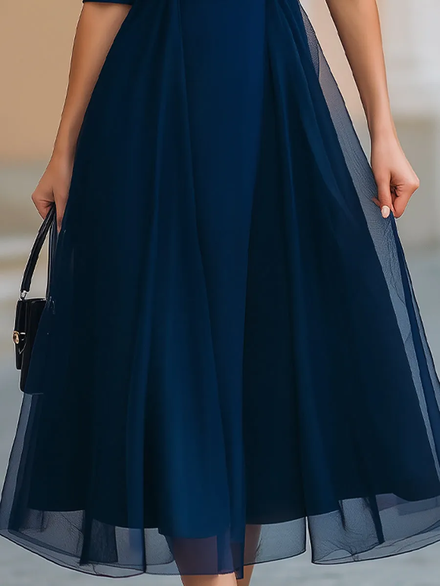 Navy Blue Sheer Overlay Fit-and-Flare Midi Dress sold by Mooyius product image thumbnail 3