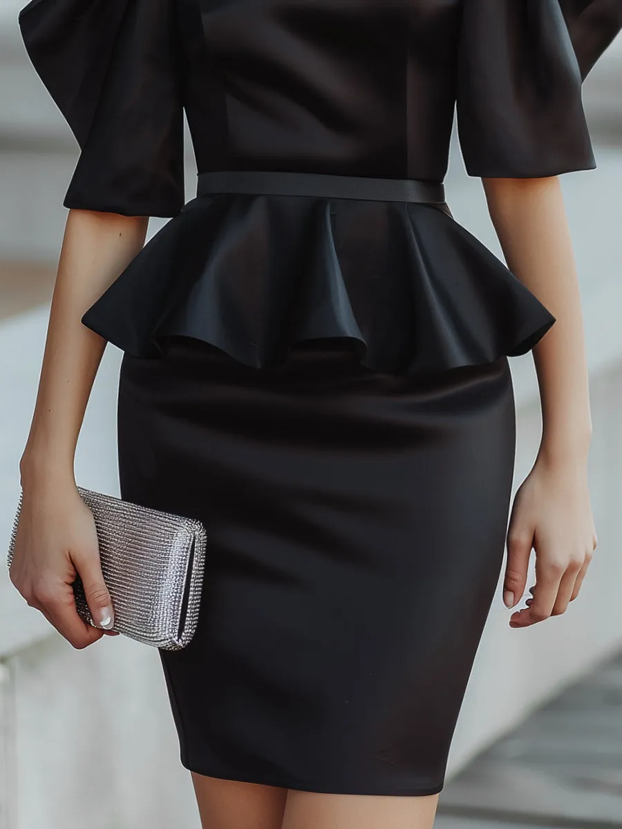 Cold-Shoulder Structured Sleeves Peplum Satin Dress sold by Mooyius product image thumbnail 3
