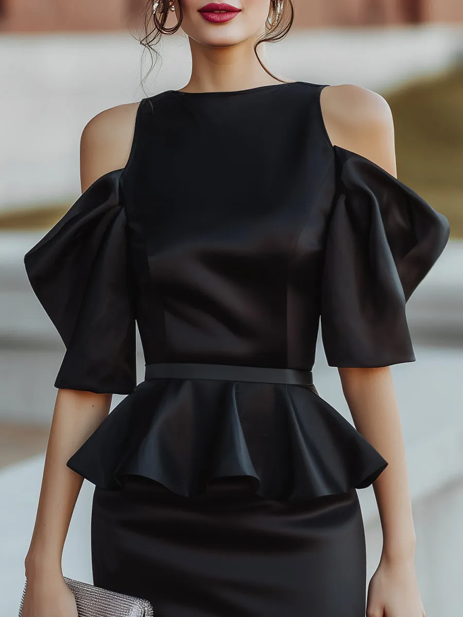 Cold-Shoulder Structured Sleeves Peplum Satin Dress sold by Mooyius product image thumbnail 2