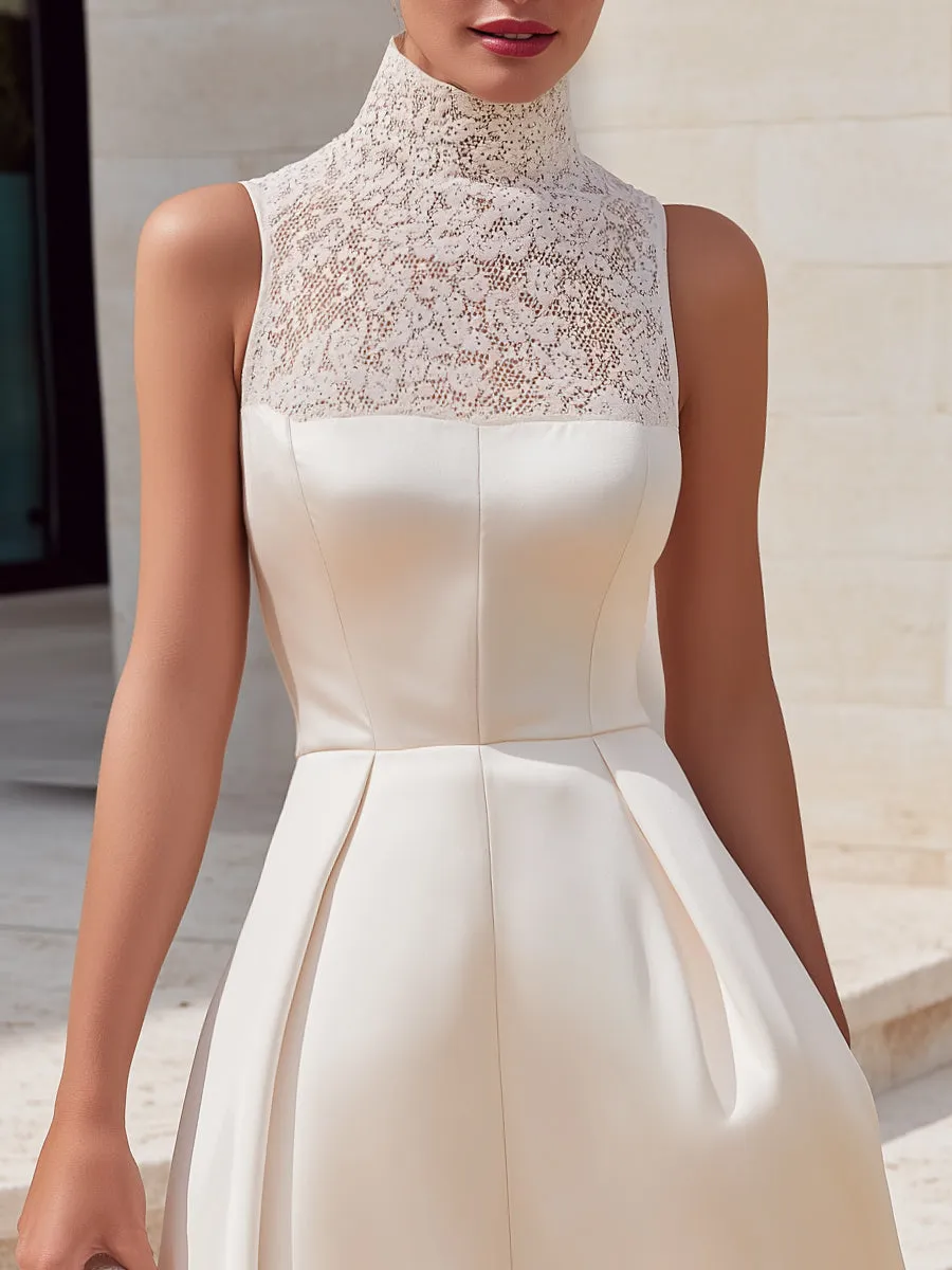 High-Neck Lace Panel Structured A-Line Midi Dress sold by Mooyius product image thumbnail 2